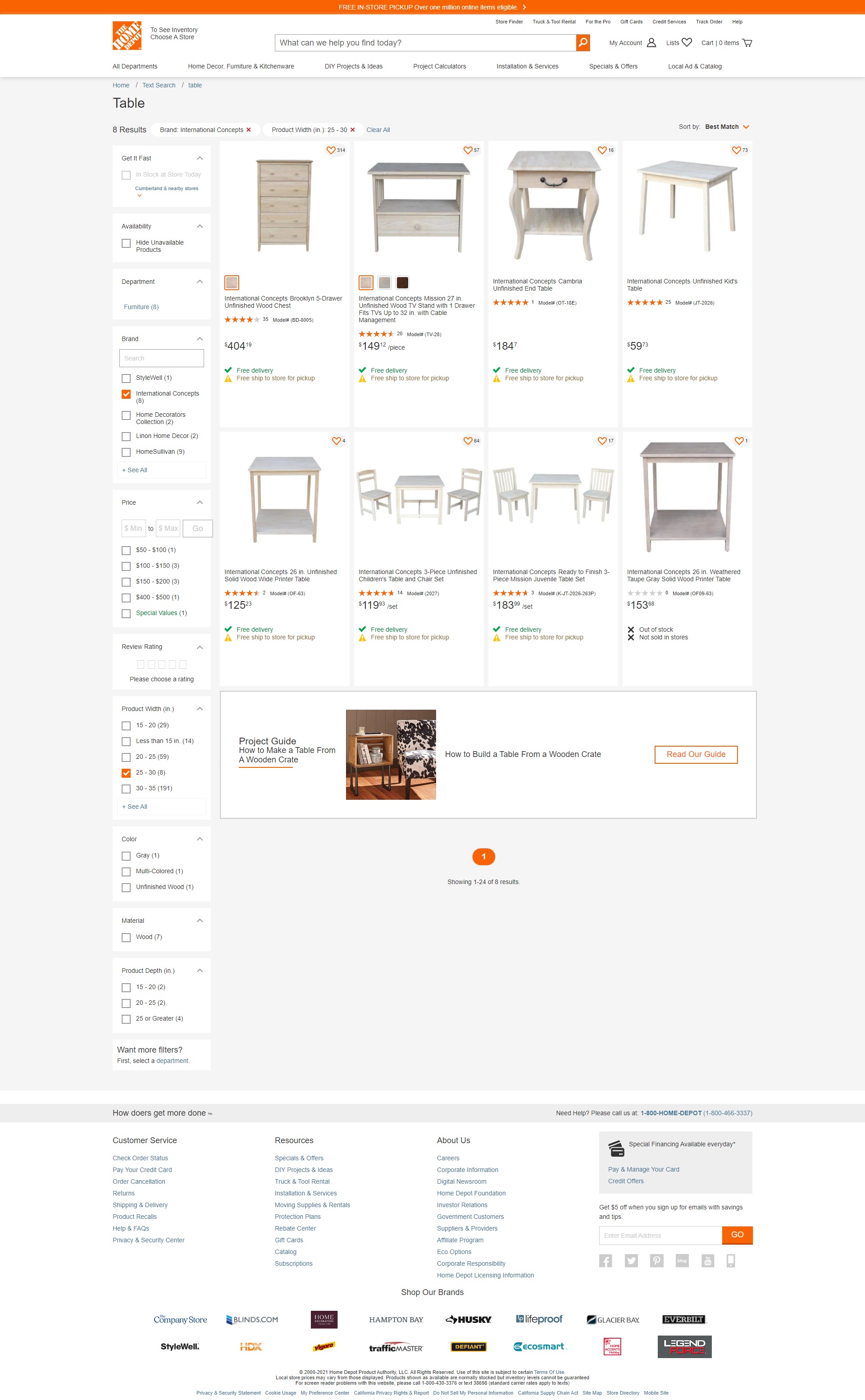 Example results for q: table and hd_filter_tokens: cws,2bcue1 (the Home Depot US)